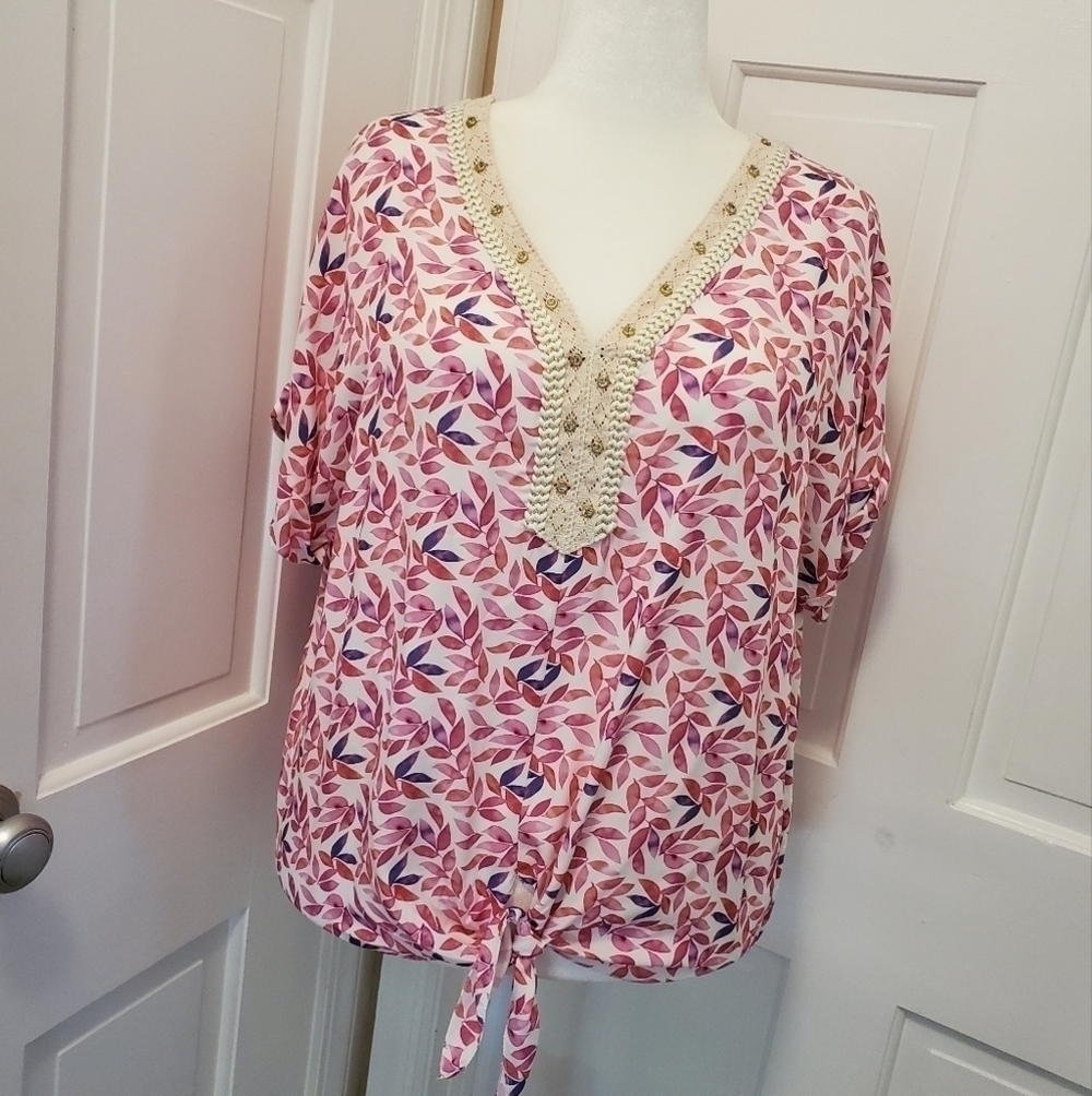 Floral Print Tie Front Blouse/Tunic OSFM, Lightweight
